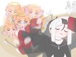  4girls absurdres afterimage animal_ears arms_up blue_archive blunt_bangs cat_teaser chibi choker commentary dual_persona earclip english_commentary grey_hair grey_halo halo highres hood hood_down hoodie horns horuhara kayoko_(blue_archive) kazusa_(blue_archive) long_hair long_sleeves mari_(blue_archive) meme motion_blur multicolored_hair multiple_girls naoya_hitting_choso_without_looking_(meme) neck_ribbon no_nose orange_hair pajamas parody pink_pajamas ribbon sleeves_past_wrists smile standing two-tone_hair v-shaped_eyebrows yellow_halo 