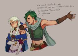  1boy 1girl aevi bracelet commentary crop_top cropped_legs english_commentary fingerless_gloves fire_emblem fire_emblem:_radiant_dawn german_text gloves green_hair hand_on_another's_shoulder jewelry long_hair micaiah_(fire_emblem) official_alternate_costume short_hair simple_background sothe_(fire_emblem) translation_request white_hair 