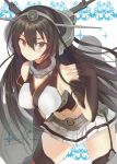  1girl bare_shoulders black_hair black_legwear breasts brown_eyes elbow_gloves fingerless_gloves gloves hayama_eishi kantai_collection large_breasts long_hair nagato_(kantai_collection) navel skirt solo thighhighs 