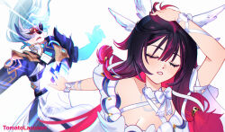  1boy 1girl artist_name black_hair blue_hair bow closed_eyes coat columbina_(genshin_impact) dottore_(genshin_impact) dress eye_mask floating_hair genshin_impact hair_between_eyes hand_on_own_head long_hair magic mask meme multicolored_hair naoya_hitting_choso_without_looking_(meme) open_mouth parted_lips pink_hair ribbon tomatolaccoon two-tone_hair very_long_hair white_bow white_ribbon 