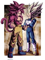  2boys armor blonde_hair blue_bodysuit blue_boots body_fur bodysuit boots border brown_background commentary_request crossed_arms dragon_ball dragon_ball_daima full_body gloves green_eyes highres long_hair male_focus monkey_tail multiple_boys muscular muscular_male no_eyebrows orange_pants pants red_eyes red_fur red_hair red_tail saiyan_armor son_goku spiky_hair standing super_saiyan super_saiyan_3 super_saiyan_4 tail topless_male ushi_(akabec0) vegeta white_armor white_boots white_border white_gloves 