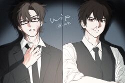  2boys ace_of_diamond adjusting_clothes adjusting_necktie black_jacket black_necktie blood blood_on_face brown_eyes brown_hair closed_mouth collared_shirt commentary_request highres jacket looking_at_another male_focus miyuki_kazuya multiple_boys necktie nosebleed rectangular_eyewear sawamura_eijun semi-rimless_eyewear shirt short_hair suit_jacket teeth twitter_username under-rim_eyewear upper_body vest waistcoat white_shirt x17 