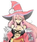  1girl bare_shoulders breasts choker corset detached_sleeves double_v drawfag earrings gloves hat heterochromia jewelry long_hair luminous_arc pink_hair red_eyes solo star tattoo tattooed_breast v vanessa_(luminous_arc) very_long_hair violet_eyes white_gloves witch witch_hat 