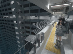  1girl absurdres airfish_(lefko_d) apartment architecture backpack bag black_eyes black_hair ceiling_light closed_mouth commentary condenser_unit expressionless film_grain grey_leg_warmers grey_shoes high_up highres holographic_interface holographic_touchscreen industrial_pipe leg_warmers long_hair looking_at_screen original railing scenery shoes solo stairs standing tactile_paving wide_shot 