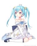  1girl bare_shoulders blue_hair blush crescent crown dress elbow_gloves gloves hair_ornament hibanar jewelry long_hair mary_janes necklace original shoes simple_background sitting solo twintails violet_eyes wariza watermark white_background white_gloves white_legwear 