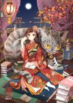  1girl animal bell book brown_eyes brown_hair cat cup curtains full_moon hair_ornament japanese_clothes jingle_bell kimono looking_at_viewer mole moon nekozuki_yuki on_shoulder original oversized_animal reading rug saucer short_hair smile solo teacup whiskers yellow_eyes 