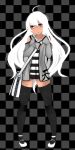  1girl aoshima bag black_legwear checkered checkered_background copyright_request grey_eyes highres jacket long_hair mary_janes messenger_bag shirt shoes shoulder_bag solo striped striped_shirt thigh-highs white_hair 