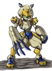  1boy arm_blade assault_visor character_request claw_(weapon) full_body green-tinted_eyewear highres humanoid_robot male_focus medarot mota_saru robot simple_background solo standing tinted_eyewear weapon white_background 