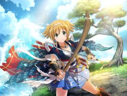  1girl armor bead_necklace beads blue_skirt blush closed_mouth cosplay daiba_nana dual_wielding earrings game_cg green_eyes holding holding_sword holding_weapon jewelry katana looking_at_viewer miyamoto_musashi_(real_life) miyamoto_musashi_(real_life)_(cosplay) necklace official_art orange_hair sarashi sheath sheathed short_hair short_sleeves shoujo_kageki_revue_starlight shoujo_kageki_revue_starlight_-re_live- skirt smile solo standing sword tree twintails upper_body v-shaped_eyebrows water waves weapon wooden_sword 