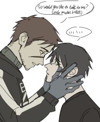  ... 2boys afraid_of_monsters bag beard_stubble black_gloves black_hair black_hoodie black_shirt brotherhon56337 brown_hair creator_connection cry_of_fear english_text facial_hair fingerless_gloves gloves grey_gloves hand_on_another's_face highres hood hood_down hoodie male_focus multiple_boys parted_lips scar scar_on_face shirt short_hair shoulder_bag simon_henriksson spoken_ellipsis stubble talking turtleneck 