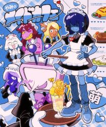  1other 2girls 3boys androgynous ant_tenna black_eyes blonde_hair blue_hair blue_skin blush bow bowtie colored_sclera colored_skin colored_teeth commentary_request crossed_arms deltarune enmaided food furry furry_female furry_male glasses gloves green-framed_eyewear hand_on_own_hip highres horns kris_(dark_world)_(deltarune) kris_(deltarune) long_hair long_sleeves looking_at_viewer maid maid_headdress multiple_boys multiple_girls name_tag no_eyes noelle_holiday omelet omurice one_eye_closed open_mouth puffy_short_sleeves puffy_sleeves purple_bow purple_bowtie purple_skin ralsei rouxls_kaard shio_tou short_hair short_sleeves susie_(deltarune) translation_request utdr_(toby_fox) white_gloves white_hair yellow_sclera yellow_teeth 