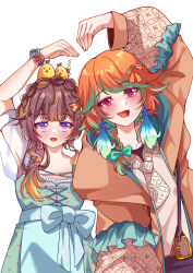  2girls :d absurdres alternate_hairstyle anya_melfissa anya_melfissa_(indonesian_casual) blonde_streaks blouse blunt_bangs bow bracelet braid brown_hair brown_shirt colored_inner_hair commentary_request cosplay costume_switch crown_braid cyanzan dirndl double-parted_bangs dress earrings feather_earrings feathers floral_print floral_print_dress flower_bracelet german_clothes gradient_hair green_bow green_streaks hair_bow hairstyle_switch heart_arms heart_arms_duo highres hololive hololive_english hololive_indonesia hood hooded_jacket jacket jewelry kfp_employee_(takanashi_kiara) kris_hair_ornament looking_at_viewer medium_hair melfriend_(anya_melfissa) multicolored_hair multiple_girls necktie on_head orange_bow orange_hair orange_jacket pinafore_dress print_dress print_jacket red_eyes shirt short_hair short_sleeves side_braid simple_background sleeveless sleeveless_dress smile streaked_hair takanashi_kiara takanashi_kiara_(dirndl) two-tone_hair violet_eyes virtual_youtuber white_background wolf_cut 