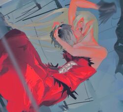  1girl bare_shoulders blonde_hair collarbone dress feather-trimmed_dress feather_trim gggumy1574532 kiss-shot_acerola-orion_heart-under-blade kizumonogatari long_hair looking_at_viewer monogatari_(series) oshino_shinobu pointy_ears red_dress solo strapless strapless_dress vampire very_long_hair 