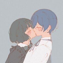  1boy 1girl blue_hair blush ciel_phantomhive closed_eyes earrings face-to-face green_hair hetero jewelry kiss kuroshitsuji neck_ribbon profile ribbon shirt short_hair sieglinde_sullivan upper_body yumoshengge5232 