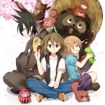  1boy 2girls :3 black_eyes black_hair brown_eyes brown_hair character_request cherry_blossoms closed_eyes crossed_arms daruma_doll efe fan folding_fan frog hat indian_style looking_at_viewer multiple_girls open_mouth raccoon shorts sitting smile spiky_hair tanuki uchouten_kazoku vest 