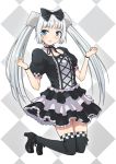  1girl alternate_costume blue_eyes bow checkered checkered_background choker frilled_skirt hair_bow hair_ornament hashi jumping layered_skirt miss_monochrome miss_monochrome_(character) ribbon_choker shoes short_sleeves solo thighhighs white_hair 