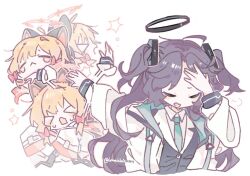  >_< 2girls :< afterimage animal_ear_headphones animal_ears black_halo black_vest blonde_hair blue_archive blue_necktie cat_ear_headphones cat_ears closed_eyes closed_mouth collared_shirt fake_animal_ears halo hand_on_own_forehead hashtag-only_commentary headphones imaichichan jacket jujutsu_kaisen long_hair long_sleeves mechanical_halo meme momoi_(blue_archive) motion_lines multiple_girls naoya_hitting_choso_without_looking_(meme) necktie open_clothes open_jacket open_mouth parted_bangs red_halo shirt short_hair simple_background twitter_username two_side_up vest white_background white_jacket white_shirt yuuka_(blue_archive) 