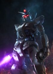  absurdres commentary embers energy_sword feet_out_of_frame glowing glowing_eyes gundam gundam_ex gundam_requiem_for_vengeance highres holding holding_sword holding_weapon looking_at_viewer mecha mecha_focus mobile_suit mobile_suit_gundam no_humans original radio_antenna red_eyes robot rx-78-2_gundam science_fiction smoke solo standing sword thrusters v-fin weapon zaku_ii zakuma 