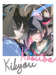  3girls animal_ear_fluff animal_ears black_choker black_eyes black_hair black_hoodie black_horns black_ribbon blue_archive blue_halo blue_haori blue_neckerchief cat_choker cat_ears cat_girl cat_tail character_signature choker closed_mouth colored_inner_animal_ears colored_inner_hair demon_horns extra_ears fake_photograph green_sailor_collar grey_halo hair_ornament hairclip halo haori hashtag-only_commentary highres hood hoodie horns japanese_clothes kayoko_(blue_archive) kazusa_(blue_archive) kikyou_(blue_archive) kimono_on_shoulders looking_at_viewer multicolored_hair multiple_girls multiple_tails neck_ribbon neckerchief open_mouth pink_eyes pink_hair pink_halo pink_neckerchief ribbon sailor_collar school_uniform serafuku shi_draco short_hair signature smile tail two-tone_hair two_tails white_hair 