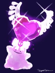  ._. commentary_request covering_own_mouth ditto full_body highres no_humans one-hour_drawing_challenge pokemon pokemon_(creature) pokemon_focus purple_background smile solo sparkle tepetom_(77hhaarruu) terastallization 