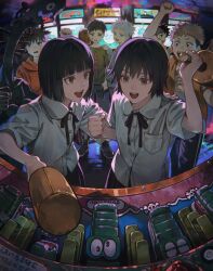  2others 3girls 5boys absurdres aged_down aizo_(king_gnu) arcade arcade_cabinet arm_up bandaid bandaid_on_cheek bandaid_on_face black_eyes black_hair black_shoes black_skirt blue_eyes blue_hoodie blue_shorts bob_cut breast_pocket brown_eyes collared_shirt commentary cursed_spirit_(jujutsu_kaisen) english_text fushiguro_megumi gojou_satoru green_shirt hand_on_another's_shoulder highres hood hoodie hungry_hungry_hippos itadori_yuuji jujutsu_kaisen king_gnu kugisaki_nobara kyuuba_melo looking_at_another looking_at_viewer looking_back mallet multiple_boys multiple_girls multiple_others orange_hoodie orange_vest pleated_skirt pocket print_shirt ryoumen_sukuna_(jujutsu_kaisen) school_uniform shirt shoes short_sleeves shorts skirt skull_and_crossbones symbol-only_commentary twins_(aizo) vest white_hair white_shirt yellow_eyes zen'in_naoya 