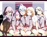  5girls arm_hug black_legwear blonde_hair blue_eyes blue_hair blush brown_hair cardigan dress_shirt ezaki_hitomi glasses green_eyes green_hair hair_ornament hair_ribbon hairclip hanada_kirame loafers long_hair long_sleeves looking_at_viewer miniskirt multiple_girls necktie open_mouth plaid plaid_skirt pleated_skirt purple_hair red_eyes ribbon saki saki_achiga-hen shirouzu_mairu shirt shoes short_hair short_twintails side-by-side sitting skirt smile thigh-highs tsuruta_himeko twintails violet_eyes white_shirt wink yaku_yojino yasukouchi_yoshiko yellow_eyes 