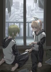  2girls balcony barefoot black_hoodie black_pants blonde_hair bow cityscape closed_mouth commentary_request drawstring frown green_hair gumi hair_bow hairband holding holding_knife hood hood_down hoodie kagamine_rin knee_up knife medium_hair multiple_girls pants short_hair sitting sliding_doors two-tone_hoodie vocaloid wariza white_bow white_hairband white_hoodie wooden_floor wounds404 