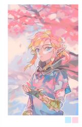  1boy black_cape black_gloves blonde_hair blue_eyes blue_tunic border cape champion's_tunic_(zelda) cherry_blossoms earrings expressionless fingerless_gloves gloves gradient_background jewelry link long_hair looking_at_viewer pointy_ears rain_rkgk shirt sidelocks simple_background solo the_legend_of_zelda the_legend_of_zelda:_breath_of_the_wild the_legend_of_zelda:_tears_of_the_kingdom tree tunic upper_body white_border 