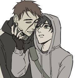  2boys afraid_of_monsters bag beard_stubble black_gloves black_hair black_hoodie black_nails black_shirt brotherhon56337 brown_hair chinese_commentary closed_eyes commentary_request creator_connection cry_of_fear david_leatherhoff facial_hair fingerless_gloves gloves grey_hoodie grin hand_on_another's_face heads_together hood hood_down hood_up hoodie male_focus multiple_boys parted_lips scar scar_on_face shirt short_hair shoulder_bag simon_henriksson smile stubble turtleneck 