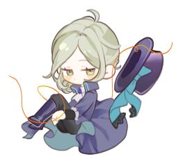  1girl ascot black_pants blue_bow boater_hat boots bow coat commentary_request from_side full_body grey_eyes grey_hair hair_bun half-closed_eyes hat hat_bow hugging_own_legs knees_to_chest knees_up korean_commentary looking_at_viewer pants purple_boots purple_coat purple_hat reverse:1999 sacha_(un_782) short_hair single_side_bun solo string unworn_hat unworn_headwear vertin_(reverse:1999) white_ascot white_background 