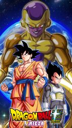  3boys absurdres art_jake black_eyes black_hair black_jacket black_pants blue_sash blue_wrist_cuffs cowboy_shot dougi dragon_ball dragon_ball_super dragon_ball_z dragon_ball_z_fukkatsu_no_f frieza gloves gold_skin golden_frieza highres jacket male_focus medium_hair multiple_boys muscular muscular_male orange_pants orange_tunic pants red_eyes saiyan_armor sash son_goku spiky_hair tunic vegeta white_gloves wrist_cuffs 