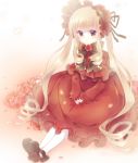  1girl blonde_hair bow capelet dress hat kyoro_(r_y_o_c_ovv) lolita_fashion long_hair long_sleeves red_dress red_eyes rozen_maiden shinku sitting solo twintails very_long_hair violet_eyes 