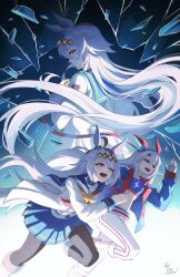  2girls ahoge animal_ears belt black_pantyhose blue_eyes blue_hairband blue_jacket blue_sailor_collar blue_skirt blue_sports_bra boots broken_glass brooch commentary ear_covers ear_ornament fingerless_gloves glass gloves grey_hair grey_tail hair_between_eyes hair_ornament hairband headband highres horse_ears horse_girl horse_tail jacket jewelry lightning_bolt_print lightning_bolt_symbol long_hair long_sleeves midriff multicolored_hair multicolored_hairband multiple_girls navel neckerchief oguri_cap_(starlight_beat)_(umamusume) oguri_cap_(umamusume) open_mouth pants panty_straps pantyhose pleated_skirt red_belt red_headband red_neckerchief running sailor_collar shirt skirt smile sports_bra star_brooch striped_clothes striped_hairband tail tailong_yo tamamo_cross_(fast_as_lightning)_(umamusume) tamamo_cross_(umamusume) teeth two-tone_hairband umamusume umamusume:_cinderella_gray very_long_hair white_boots white_gloves white_jacket white_pants white_shirt 