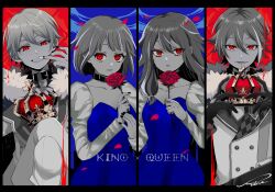  2boys 2girls alternate_eye_color belt_collar black_gloves black_nails blue_dress collar column_lineup commentary creator_connection crossed_legs crown detached_sleeves dot_nose dress finger_to_mouth flower gloves greyscale highres holding holding_crown holding_flower juliet_sleeves kamishiro_rui king_(vocaloid) kusanagi_nene limited_palette long_sleeves looking_at_viewer monochrome multicolored_hair multiple_boys multiple_girls ootori_emu open_mouth partially_colored petals project_sekai puffy_sleeves queen_(vocaloid) red_eyes red_flower red_rose rose rose_petals short_hair signature sitting song_name songover standing strapless strapless_dress streaked_hair t_b7ce390 tenma_tsukasa wonderlands_x_showtime_(project_sekai) 