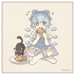  1girl black_cat blue_bow blue_dress blue_hair border bow brown_background brown_border cat chigu cirno commentary_request detached_wings dress eating food hair_bow highres holding holding_food ice ice_wings pinafore_dress plate puffy_short_sleeves puffy_sleeves short_sleeves sleeveless sleeveless_dress socks taiyaki touhou twitter_username wagashi white_socks wings 
