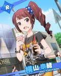  1boy 2girls ahoge bracelet brown_hair character_name drink food food_on_face idolmaster idolmaster_million_live! jewelry looking_at_viewer multiple_girls scrunchie side_ponytail violet_eyes yokoyama_nao 