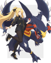  1girl absurdres black_jacket black_shoes black_shorts blonde_hair breasts brown_pantyhose closed_mouth cynthia_(pokemon) garchomp grey_eyes hair_over_one_eye high_ponytail highres holding holding_poke_ball jacket long_hair looking_at_viewer mega_ring pantyhose poke_ball poke_ball_(basic) pokemon pokemon_(creature) pokemon_dppt ponytail shoes short_shorts shorts simple_background smile sneakers track_jacket truejekart very_long_hair white_background 