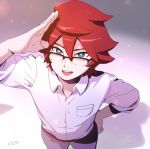  1boy from_above glasses green_eyes inazuma_eleven_(series) inazuma_eleven_go kiyama_hiroto looking_at_viewer looking_up male mizuhara_aki older open_mouth redhead short_hair solo 