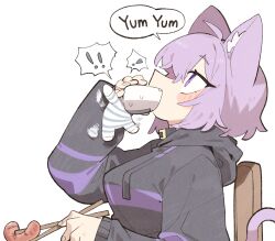  ! 1girl animal_ears black_hoodie blush_stickers breasts cat_ears cat_girl cat_tail chair chopsticks cocomayo29_(tomato) commentary_request eating food from_side holding holding_chopsticks hololive hood hood_down hoodie korean_commentary large_breasts nekomata_okayu nekomata_okayu_(1st_costume) onigiri onigirya_(nekomata_okayu) profile purple_hair purple_tail sausage simple_background sitting solo_focus sound_effects speech_bubble spoken_exclamation_mark tail violet_eyes virtual_youtuber white_background 