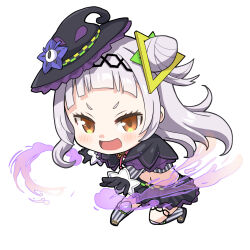  1girl arched_bangs black_capelet black_gloves black_hat black_shoes black_skirt blush bow bowtie brooch capelet chibi chibi_only commentary_request cone_hair_bun cropped_shirt gloves grey_hair grey_shirt grey_thighhighs hair_bun hairband haniwa_(leaf_garden) hat hexagram_hair_ornament hololive jewelry layered_capelet long_hair long_sleeves lowleg lowleg_skirt magic midriff miniskirt murasaki_shion murasaki_shion_(1st_costume) open_mouth pink_bow pink_bowtie purple_capelet shirt shoes short_eyebrows side_up_bun simple_background single_side_bun skirt solo striped_clothes striped_shirt striped_thighhighs thick_outlines thigh-highs thighlet tilted_headwear v-shaped_eyebrows vertical-striped_clothes vertical-striped_shirt vertical-striped_thighhighs virtual_youtuber white_background witch witch_hat yellow_eyes 