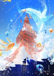  1girl bug butterfly cat commentary_request day dress fish flying_fish flying_whale goldfish highres ladder makoron117117 on_ladder original red_butterfly scenery shooting_star silhouette sky solo sparkle star_(sky) sun tokyo_tower tower water_drop whale yellow_butterfly 