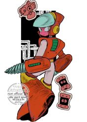  1boy absurdres brown_armor brown_helmet crash_man drill from_behind full_body green_eyes helmet highres looking_at_viewer looking_back mega_man_(classic) mega_man_(series) solo_focus srnhuyuno watermark 