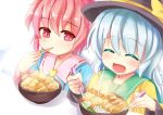  2girls chopsticks eating fork hat komeiji_koishi komeiji_satori multiple_girls niiya pink_eyes pink_hair siblings sisters smile touhou white_hair 