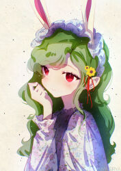  1girl absurdres alternate_hair_length alternate_hairstyle animal_ears artist_name chinese_commentary closed_mouth commentary_request dress floral_print floral_print_dress flower green_hair grey_hair hair_flower hair_ornament hair_ribbon hairband hand_up highres kazami_yuuka kemonomimi_mode light_particles long_sleeves nywerya print_dress rabbit_ears rabbit_girl red_eyes red_ribbon ribbon simple_background single_sidelock solo sparkle swept_bangs touhou upper_body wavy_hair white_background white_dress white_hairband 