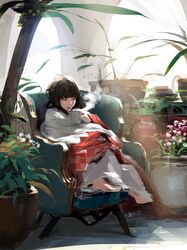  1girl barefoot blanket brown_hair chair cup long_hair mug mujiha_(mlog) original palm_tree plant sitting steam tree vase 