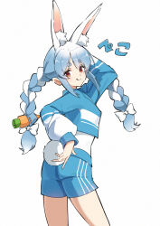  1girl absurdres alternate_costume animal_ear_fluff animal_ears arm_up blue_hair blue_shirt blue_shorts braid carrot_hair_ornament closed_mouth commentary_request food-themed_hair_ornament hair_ornament highres hololive long_hair looking_at_viewer mocchan_(mo_chan0225) multicolored_hair orange_eyes rabbit-shaped_pupils rabbit_ears rabbit_girl rabbit_tail shirt short_eyebrows shorts smile solo symbol-shaped_pupils tail tongue tongue_out twin_braids two-tone_hair usada_pekora very_long_hair virtual_youtuber white_hair 
