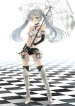  1girl blue_eyes boots checkered checkered_background elbow_gloves fingerless_gloves gloves high_heels knee_boots long_hair miss_monochrome miss_monochrome_(character) silver_hair solo thighhighs twintails umbrella yamano_uzura 