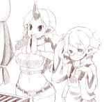  2girls belt bespectacled contemporary glasses hoodie horn hoshiguma_yuugi long_hair midriff mizuhashi_parsee monochrome multiple_girls pointy_ears praying short_hair short_shorts shorts sleeveless standing touhou turtleneck uni_mate 