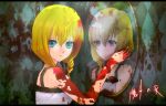  1girl aqua_eyes artist_request bangs blonde_hair blood bloody_clothes braid copyright_name different_reflection looking_at_another looking_at_viewer majo_no_ie mirror reflection smile solo source_request twintails viola_(majo_no_ie) 