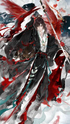  1boy absurdres adapted_costume aqua_shawl arm_up artist_request bead_necklace beads bird bishounen black_eyes black_hair black_hanfu black_sash brown_hair changmingsuo chinese_clothes chinese_commentary closed_mouth commentary_request commission falling_feathers falling_petals feathers fighting_stance flower full_body hagoromo hair_ribbon hanfu highres holding holding_sword holding_weapon jewelry jian_(weapon) long_hair long_sleeves looking_at_viewer male_focus modao_zushi necklace petals phoenix ponytail red_bird red_feathers red_flower red_petals red_ribbon red_rose red_sash red_shawl ribbon robe rose sash second-party_source shawl smile solo standing suibian_sword sword tassel very_long_hair watermark weapon wei_wuxian weibo_watermark wide_sleeves xiao_guan_(headdress) yaopei 